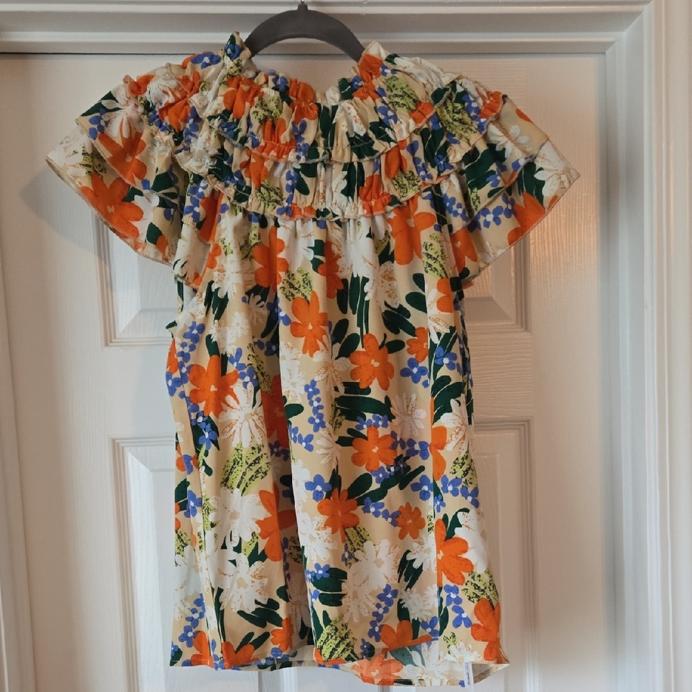 BiBi Floral Off-Shoulder Top in Cream, Orange, Blue, Green